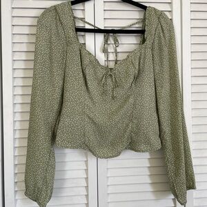 Abercrombie & Fitch Green Smocked Tie Front Crop Blouse